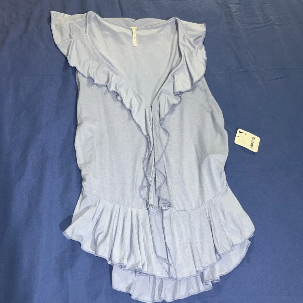 Free People Ruffle Me Away Slim Fit Plunge Neck Top Womens L Blue Heron Pullover
